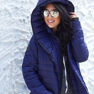 Indigo Satin Hooded Puffer Jacket Size L